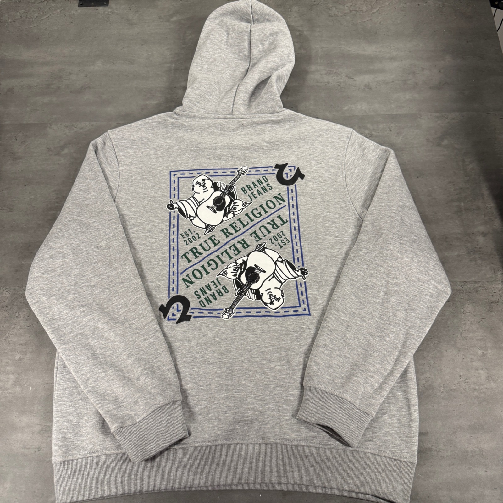 True Religion Hoodie Mens 2xl Xxl Gray Blue Green Buddha Guitar Graphic Pullover